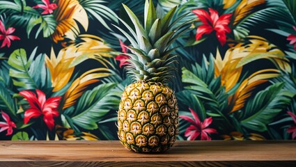 A pineapple sits on a wooden surface against a backdrop of colorful tropical foliage wallpaper design