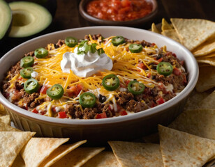 taco dip melted cheese on top and tortilla chips on side