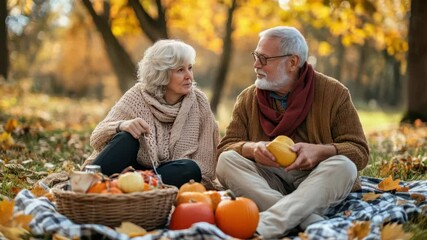 Elderly couple enjoying cozy autumn picnic with pumpkins and warm clothing surrounded by colorful fall leaves in park - Powered by Adobe
