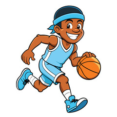 Smiling African American dribbles the basketball while sprinting in his blue uniform and headband