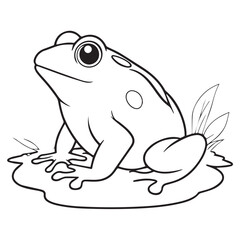 Cartoon frog in resting pose on a lily pad. Cute and simple illustration suitable for children's coloring books or educational materials. A basic coloring page.