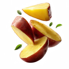 Freshly cut yellow potatoes with green leaves on a white background.