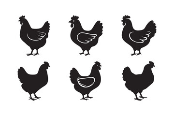 chicken hen and Rooster icon set Silhouette vector illustration on white background