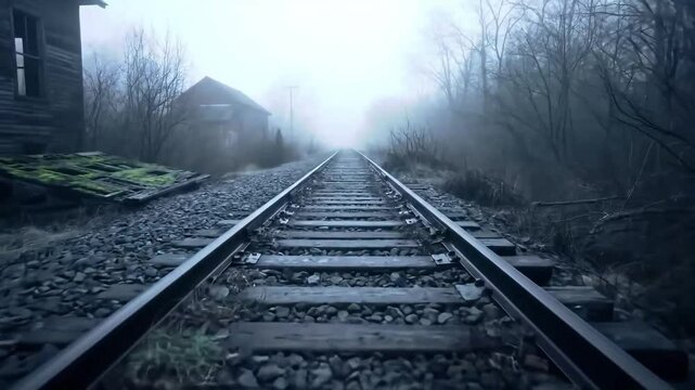 Morning Fog Over Abandoned Railway Tracks &ndash; Cinematic Solitude Landscape