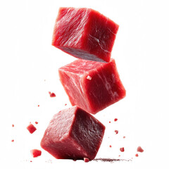 Three cubes of fresh meat stacked on top of each other, showcasing rich colors and textures.