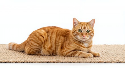 Isolated Orange Tabby Cat Resting on Jute Rug with Striped Fur Pattern in White Background Studio Setting for Elegant and Photorealistic Natural Light Close Up