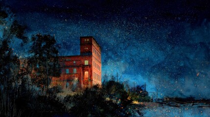 Glowing Red Building at Night