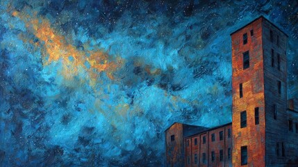 Vibrant Night Sky with Building