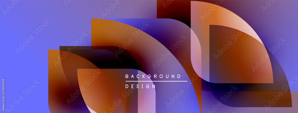 Poster abstract design features overlapping shapes, gradients. purple, orange hues dominate composition. mo