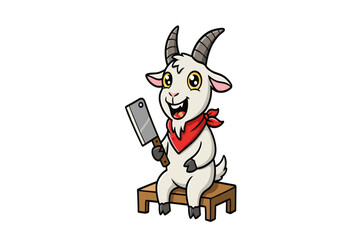 A cheerful goat with a red scarf grins while sitting on a chopping block, holding a cleaver playfully.