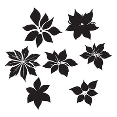 Fototapeta premium Black and white floral design with stylized flowers and leaves. Abstract floral shapes arranged randomly on a plain white background.