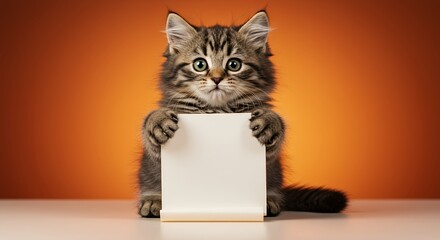 Fluffy Tabby Kitten with Green Eyes Holding a Blank White Scroll on Orange Background