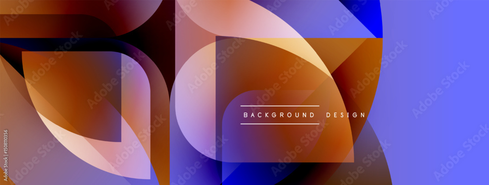 Poster abstract geometric shapes overlap, creating vibrant color gradients. blue, orange, purple hues domin