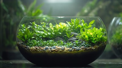 Terrarium with a mix of aquatic plants and small stones, calm and elegant