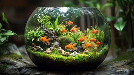 Terrarium with aquatic plants, moss, and tiny figurines, whimsical and lush
