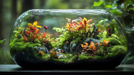 Terrarium with aquatic plants, moss, and tiny figurines, whimsical and lush