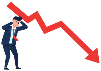 Worried Businessman with Falling Red Arrow