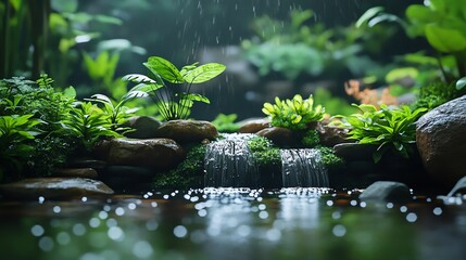 Terrarium with aquatic plants and a small stream, peaceful and lush