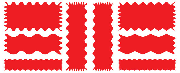 Frames Scalloped Vector Corrugated Bento Grid Shapes Set. Scallop Frame Wavy Retro Stickers Collection. Red silhouette scalloped frames. Geometric shapes stickers with zigzag wavy edge