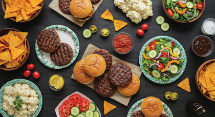 BBQ table scene with hamburgers, classic salads and snacks. Top view over a dark wood background.
