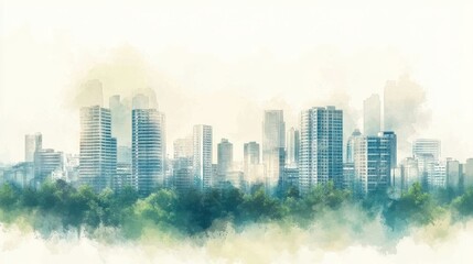 Fototapeta premium Watercolor City Skyline at Sunrise with Soft Light and Green Hues