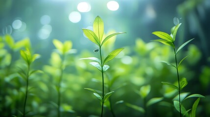 Underwater garden in an aquarium with a focus on vibrant green aquatic plants