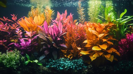 Underwater garden in an aquarium with a variety of aquatic plants and driftwood