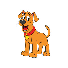 Obraz premium Animated Brown Dog Standing with Red Collar and Gold Tag Isolated on White