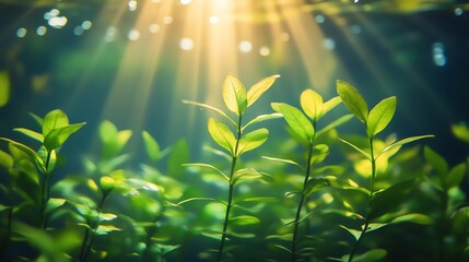 Underwater garden in an aquarium with a focus on vibrant green aquatic plants