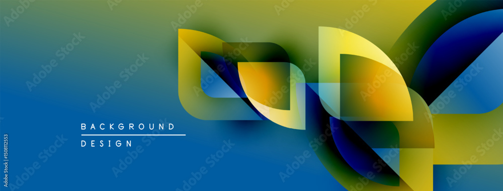 Poster Abstract design features flowing shapes, vibrant colors. Gradient blends blue, green, yellow creating dynamic visual effect. Modern background.