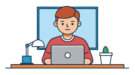 Flat Illustration of a Man Working on Laptop at Desk – Vector Design