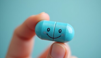 A hand holds a blue pill with a smiley face, symbolizing happiness and vitality.