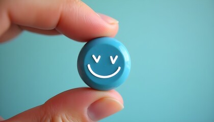 A hand holds a blue pill with a smiley face, symbolizing happiness and vitality.