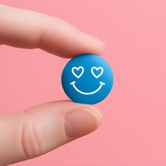 Blue pill with a smiley face and heart eyes, symbolizing love and vitality.