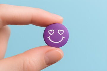 Hand holding a purple pill with a smiley face, symbolizing happiness and vitality.