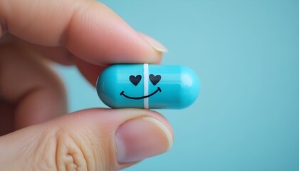 A hand holds a blue pill with a smiley face, symbolizing happiness and vitality.