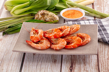 Delicous boiled tiger prawn with sauce