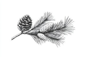 Detailed illustration of a pine branch with cones.