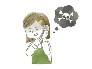 悪意を持って電話で話しているエプロンを着用した女性-水彩