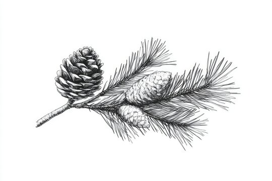 Detailed illustration of a pine branch with cones.