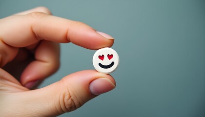 Hand holding a pill with a smiley face and heart eyes, symbolizing love and vitality.