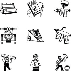 Set of 16 Industrial Tools Sketchy Style Icons
