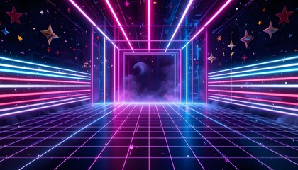 Retro Neon Background with 80s Style Laser Grid and Starry Elements