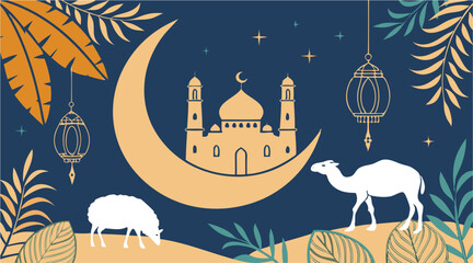 Eid al-Adha Vector Illustration with Mosque, Moon, and Animals