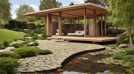 Modern Wooden Garden Pavilion Near Pond.generative.ai