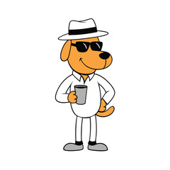 Cartoon Dog in White Suit, Fedora, and Sunglasses Holding a Cup
