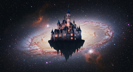 Enchanting Fairytale Castle Floating in Space Stars Galaxy Fantasy Dreamlike