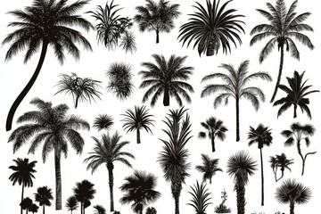 Variety of palm tree silhouettes on a white background.