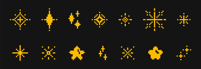 Fototapeta na wymiar Pixel stars set - yellow geometric shapes in space. Retro 8 bit gaming sprites of pixelated celestial bodies. Minimalist elements, nostalgic assets mesh with cosmic adventures or galaxy backgrounds.
