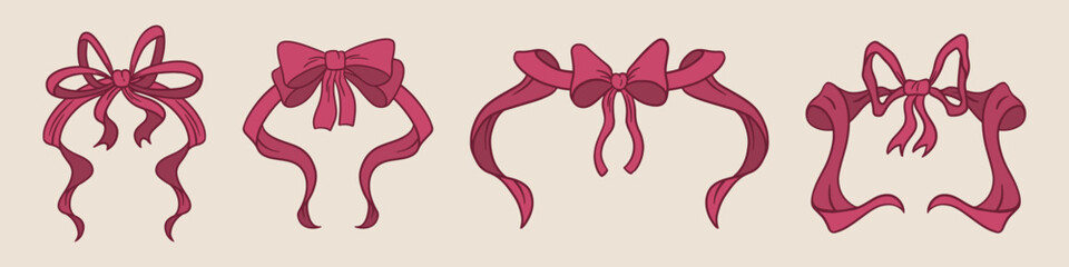 Coquette ribbon frame set - decorative bow borders, vintage scroll elements. Retro feminine ornaments, girly pink decor. Elegant filigree swirls, curly motifs for wedding invitations, greeting cards.